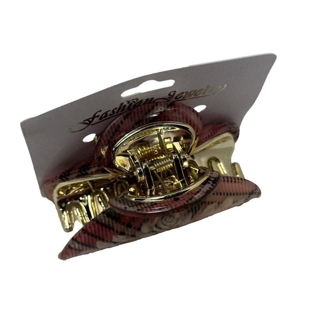 Fashion Jewelry Plaid Hair Claw Clip‎ Red Tan Tartan Floral Rhinestone Accessory